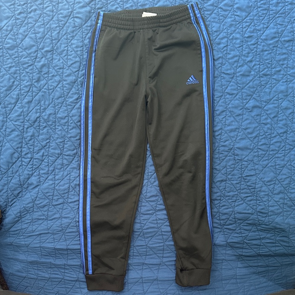 Adidas Kids' Black Joggers with Blue Stripes